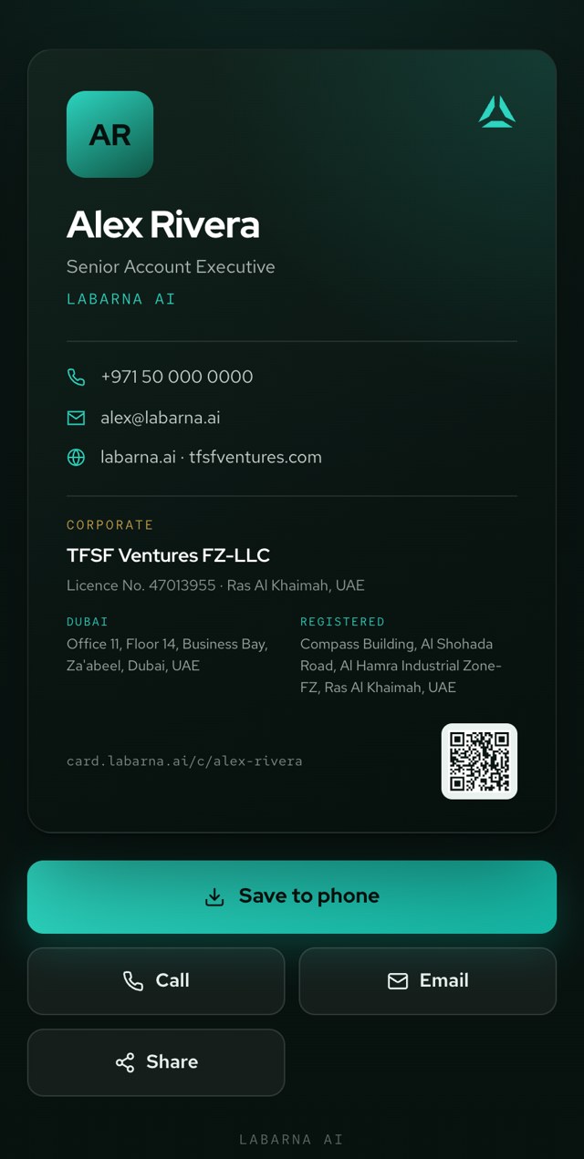 Your card at card.labarna.ai — with full corporate identity and QR
